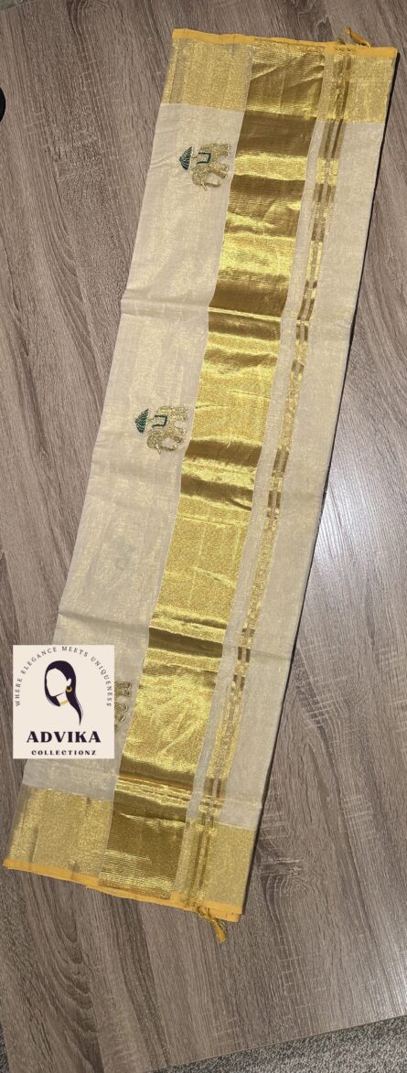 Pure Handloom Tissue Elephant embroidery Saree - Image 3