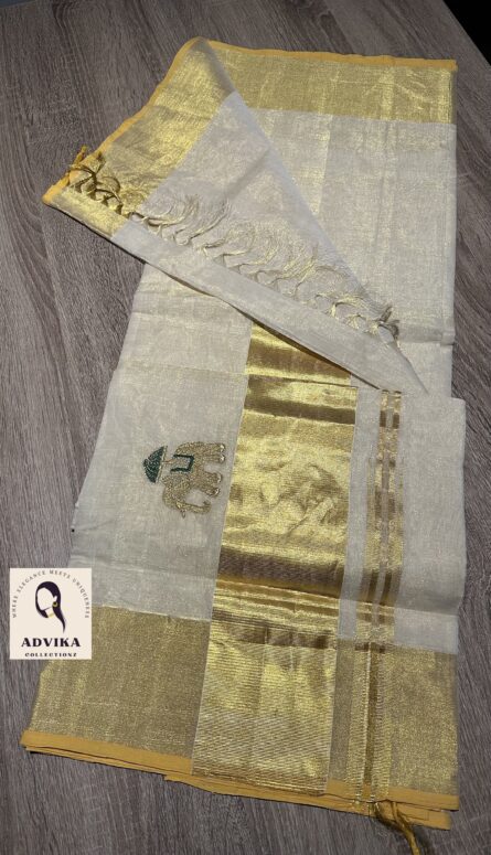 Pure Handloom Tissue Elephant embroidery Saree - Image 2