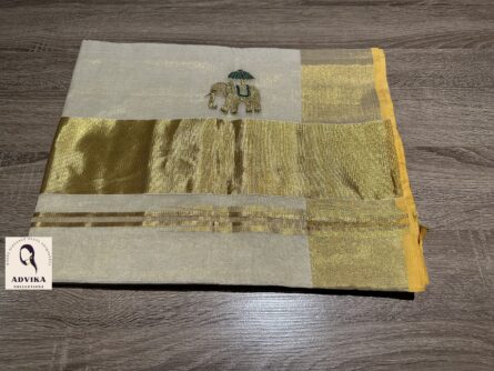 Pure Handloom Tissue Elephant embroidery Saree - Image 4