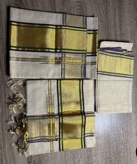 Pure Handloom Purple & Green Tissue Set Mundu - Image 2