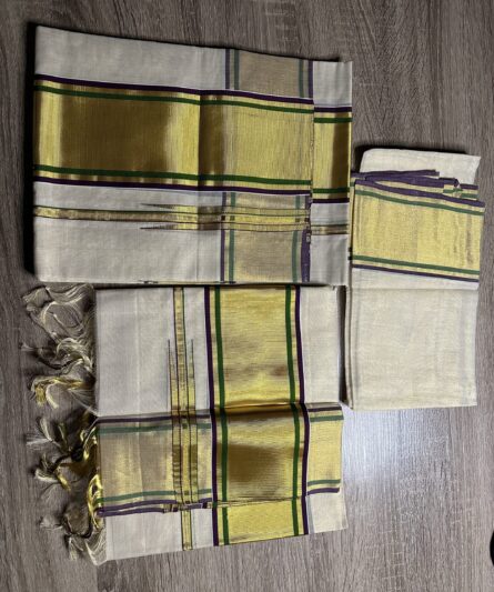 AC173 ,Pure Handloom Purple & Green Tissue Set Mundu - Image 2