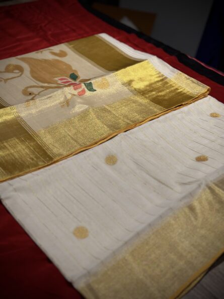 Super Premium Balaramapuram Handloom Unakkupavu Cotton Set Saree with Lotus and Swan Design and all over Polka dots - Image 6