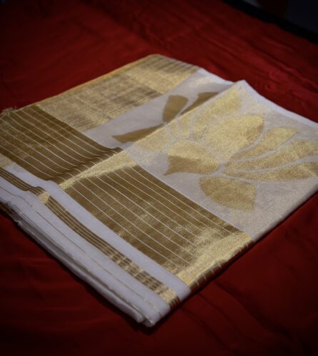 AC166 ,Premium Balaramapuram Cotton Kasavu Saree with Lotus Woven Design - Image 2