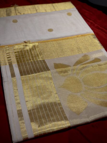 AC166 ,Premium Balaramapuram Cotton Kasavu Saree with Lotus Woven Design - Image 4