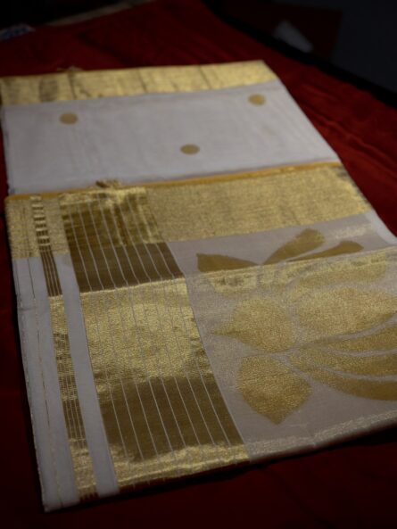 AC166 ,Premium Balaramapuram Cotton Kasavu Saree with Lotus Woven Design - Image 3