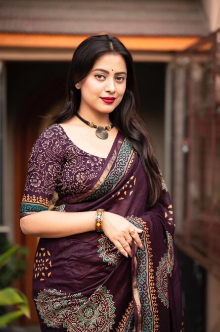 Premium Hand Block Printed Ajrakh Saree - Image 10