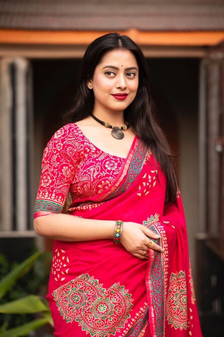 Premium Hand Block Printed Ajrakh Saree - Image 3