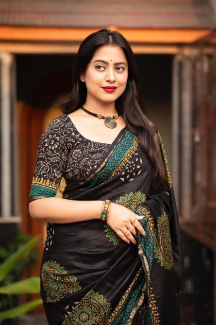 Premium Hand Block Printed Ajrakh Saree - Image 11