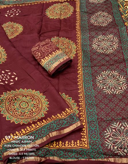 Premium Hand Block Printed Ajrakh Saree - Image 13