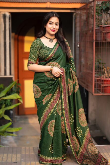 Premium Hand Block Printed Ajrakh Saree - Image 8