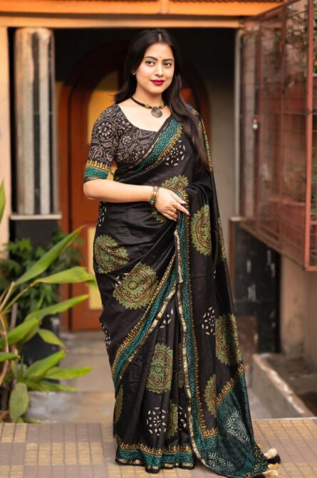 Premium Hand Block Printed Ajrakh Saree - Image 12