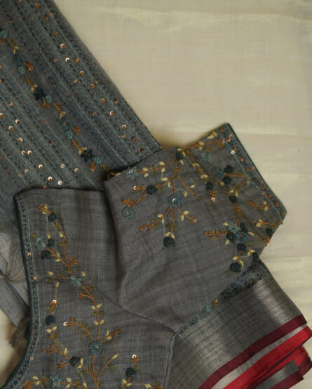 Tissue blend linen saree with heavy blouse - Image 4