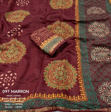 Premium Hand Block Printed Ajrakh Saree - Image 14