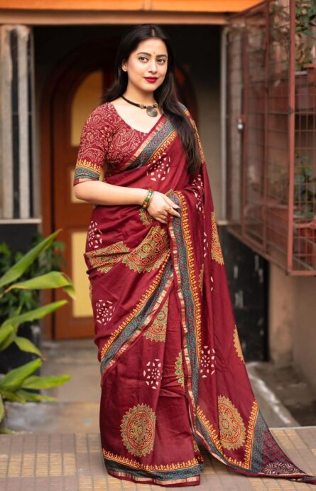 Premium Hand Block Printed Ajrakh Saree - Image 15