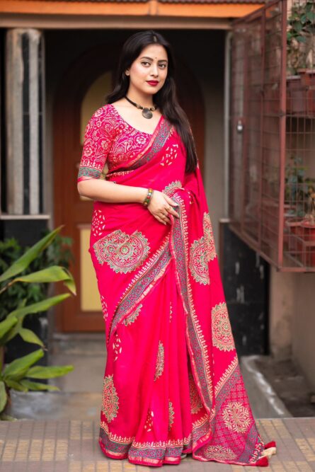 Premium Hand Block Printed Ajrakh Saree - Image 6