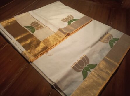 PURE HANDLOOM COTTON LOTUS SAREE - Green - Image 3
