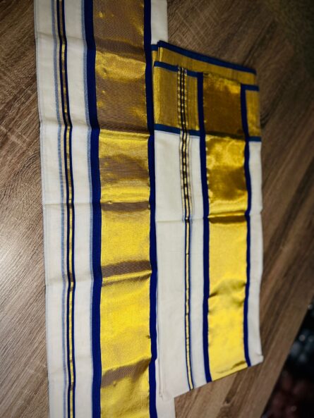 Pure Handloom Cotton Set mundu in Blue - Image 3