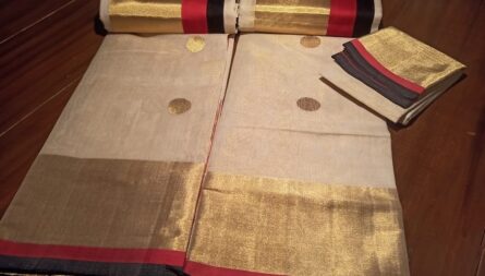 Premium Handloom Red and Black Border Tissue Set Mundu - Image 3