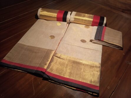 Premium Handloom Red and Black Border Tissue Set Mundu - Image 4