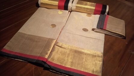 Premium Handloom Red and Black Border Tissue Set Mundu - Image 2