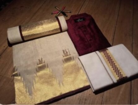 Premium Handloom Olive Green Tissue Temple Border Saree - Image 4