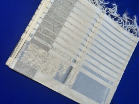 Silver Temple Handloom Cotton Saree with Striped Blouse - Image 3