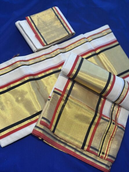 AC130  ,Pure Handloom Cotton Set Mundu – Black & Red with Blouse - Image 6