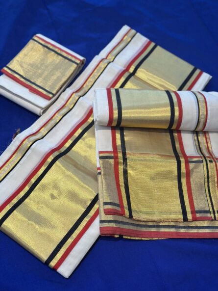 AC130  ,Pure Handloom Cotton Set Mundu – Black & Red with Blouse - Image 5