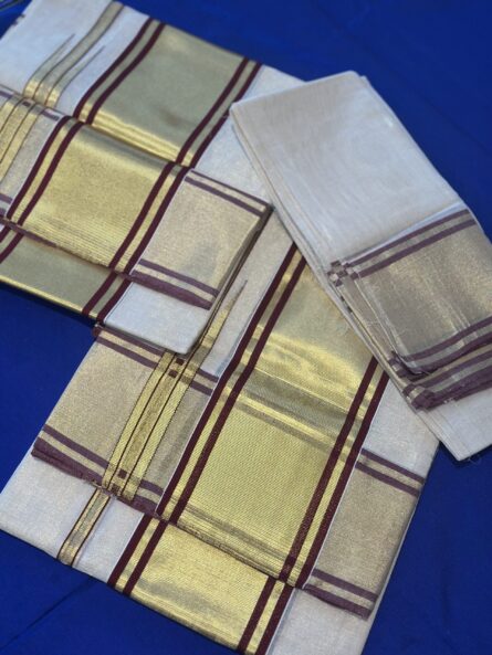 AC131  ,Pure Handloom Tissue Maroon Set Mundu with Blouse - Image 8