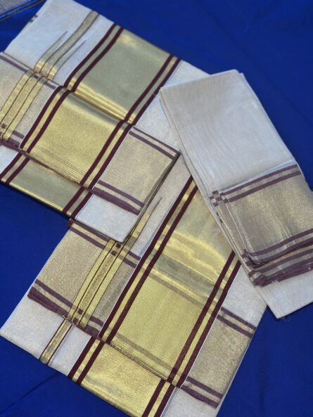 Pure Handloom Tissue Maroon Set Mundu with Blouse - Image 7