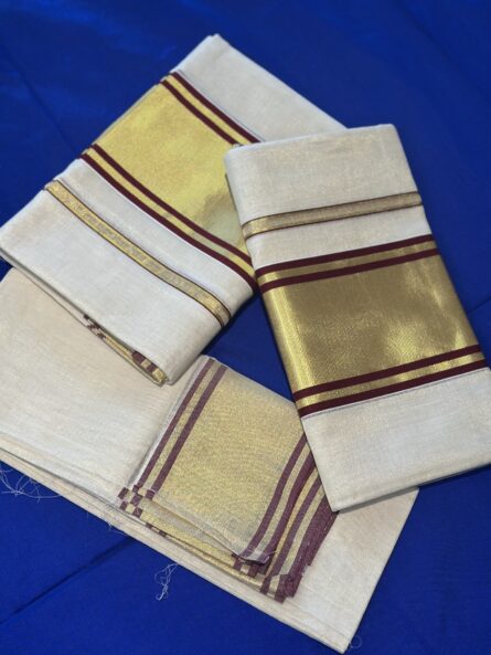 Pure Handloom Tissue Maroon Set Mundu with Blouse - Image 5