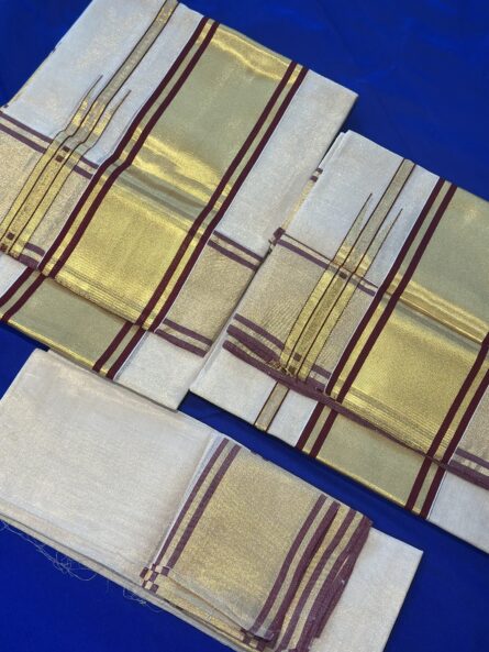 Pure Handloom Tissue Maroon Set Mundu with Blouse - Image 4