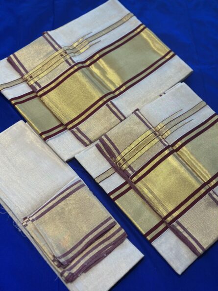 Pure Handloom Tissue Maroon Set Mundu with Blouse - Image 3