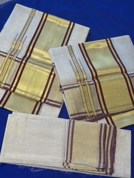 Pure Handloom Tissue Maroon Set Mundu with Blouse - Image 2