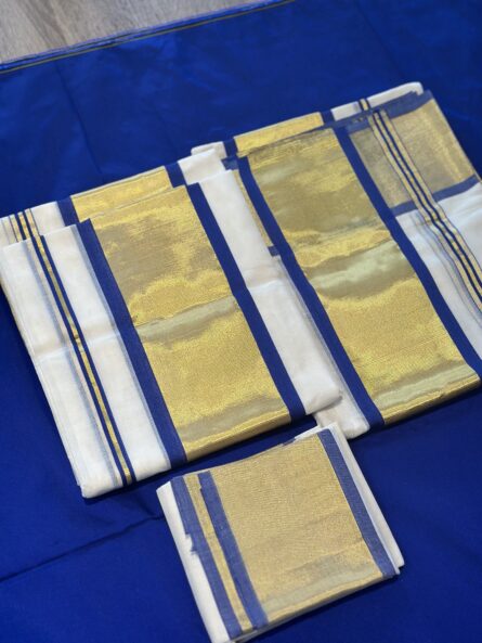 Pure Handloom Cotton Blue Kara Set Mundu - Image 6
