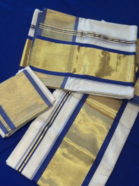 Pure Handloom Cotton Blue Kara Set Mundu - Image 5