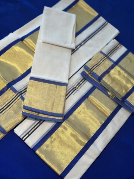 Pure Handloom Cotton Blue Kara Set Mundu - Image 4