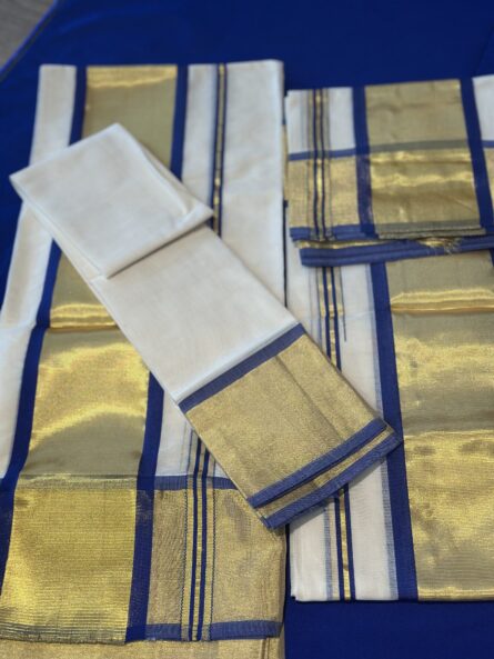 Pure Handloom Cotton Blue Kara Set Mundu - Image 2