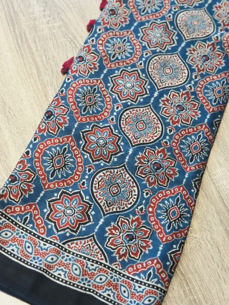Ajrakh Hand Block Printed Saree in Premium Modal Silk - Image 4