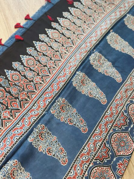 Ajrakh Hand Block Printed Saree in Premium Modal Silk - Image 6