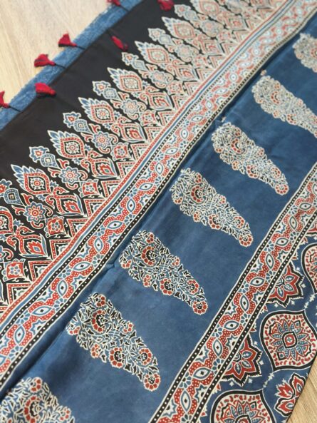 AC252   , Ajrakh Hand Block Printed Saree in Premium Modal Silk - Image 6