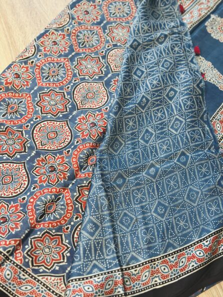 Ajrakh Hand Block Printed Saree in Premium Modal Silk - Image 7