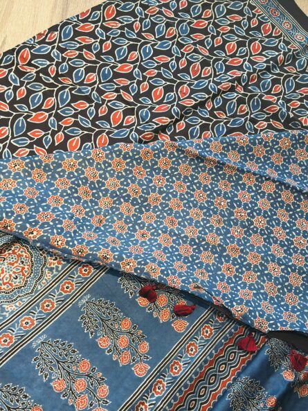 Ajrakh Hand Block Printed Saree in Premium Modal Silk - Image 7