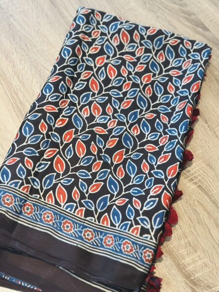 Ajrakh Hand Block Printed Saree in Premium Modal Silk - Image 8