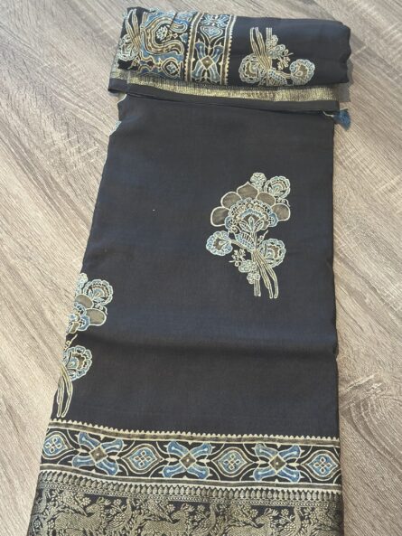 AC250 ,Ajrakh Dola Silk Handcrafted Saree in Premium Modal Silk - Image 4