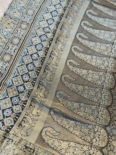 AC250 ,Ajrakh Dola Silk Handcrafted Saree in Premium Modal Silk - Image 5