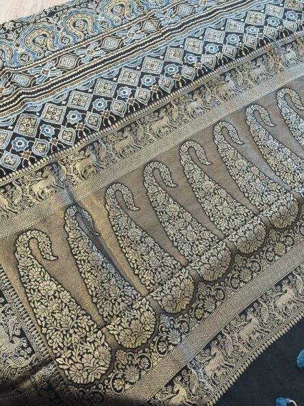 AC250 ,Ajrakh Dola Silk Handcrafted Saree in Premium Modal Silk - Image 6