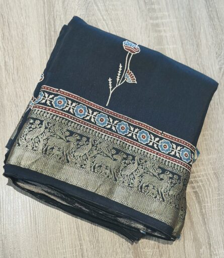 #MS05 Ajrakh Hand Block Printed Saree in Premium Dola Silk with Golden Zari Booti Blouse - Image 3