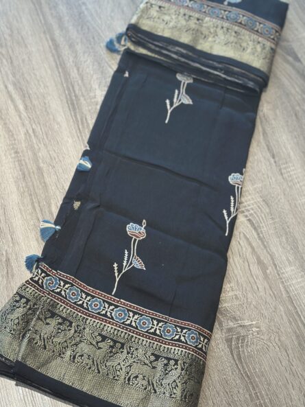 #MS05 Ajrakh Hand Block Printed Saree in Premium Dola Silk with Golden Zari Booti Blouse - Image 4