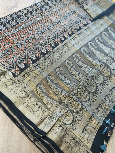 #MS05 Ajrakh Hand Block Printed Saree in Premium Dola Silk with Golden Zari Booti Blouse - Image 5